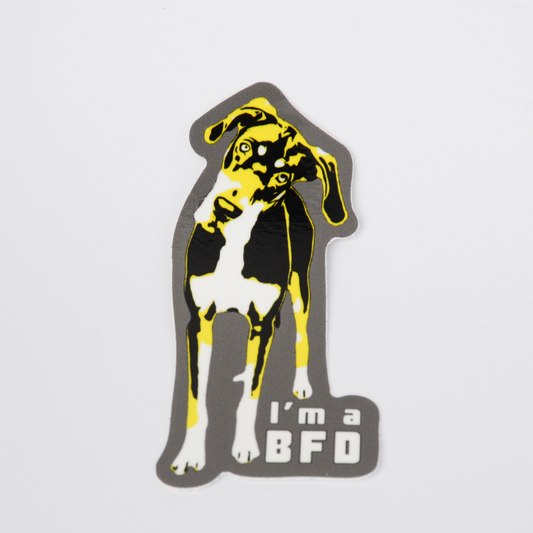 modern yellow, black, and gray cartoon great dane sticker with caption "I'm a BFD"
