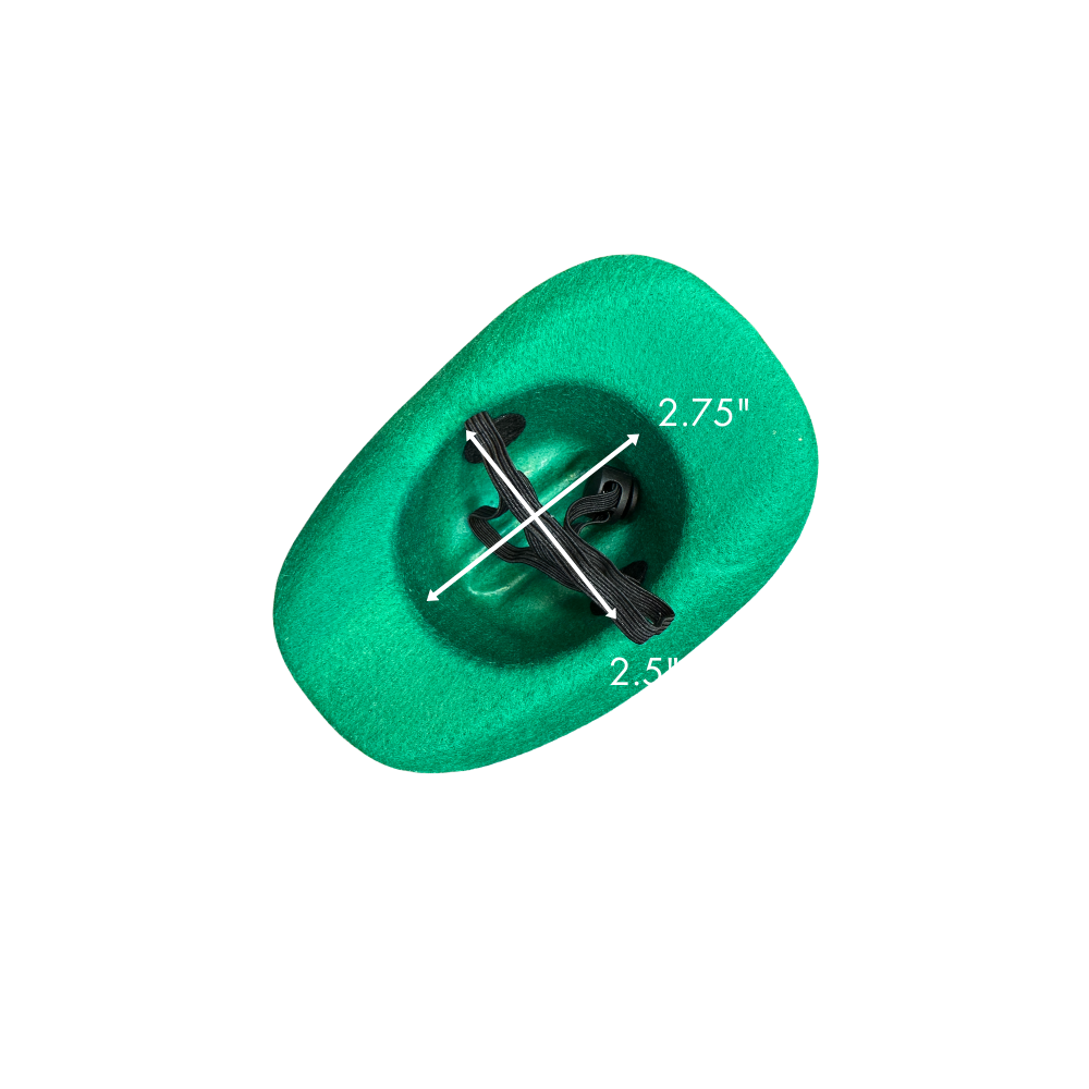 underside of our green mini dog cowboy hat for St. Patrick's Day - image shows dimensions of the hole