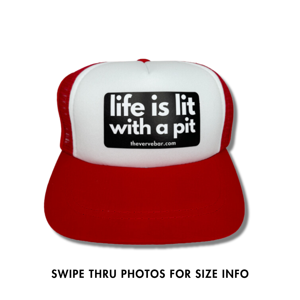 red and white trucker hat for dogs "life is lit with a pit" black design on front