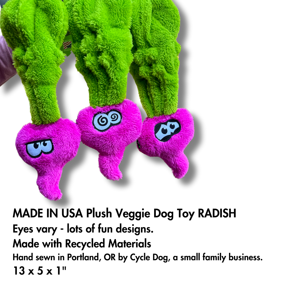 Examples of the different eyes on Cycle Dog plush toys - 3 radishes, veggie dog toys, all with different expressions.