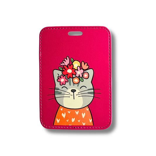 Cute cat luggage tag. Dark hot pink background. Contemporary cat with flowers on head and wearing an orange shirt with modern hearts. 