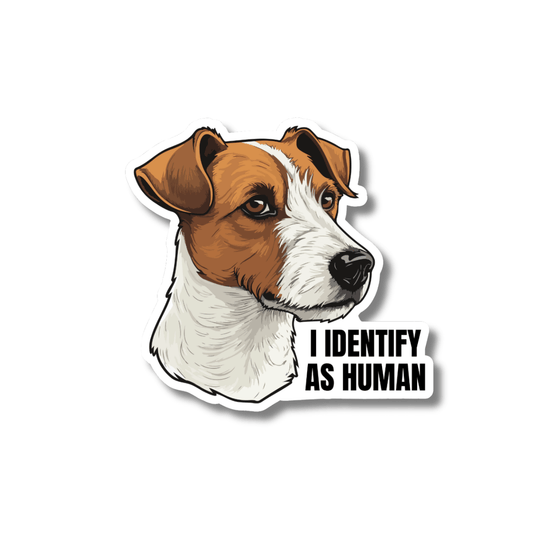 Jack Russell Terrier sticker illustration and 'I IDENTIFY AS HUMAN' text on a white background