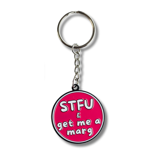 hot pinkish-red sassy round enamel margarita keychain: STFU & get me a marg