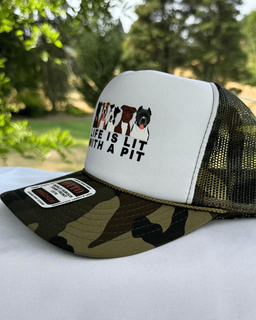 Life Is Lit with a Pit Foam Dog Trucker Hat for Humans