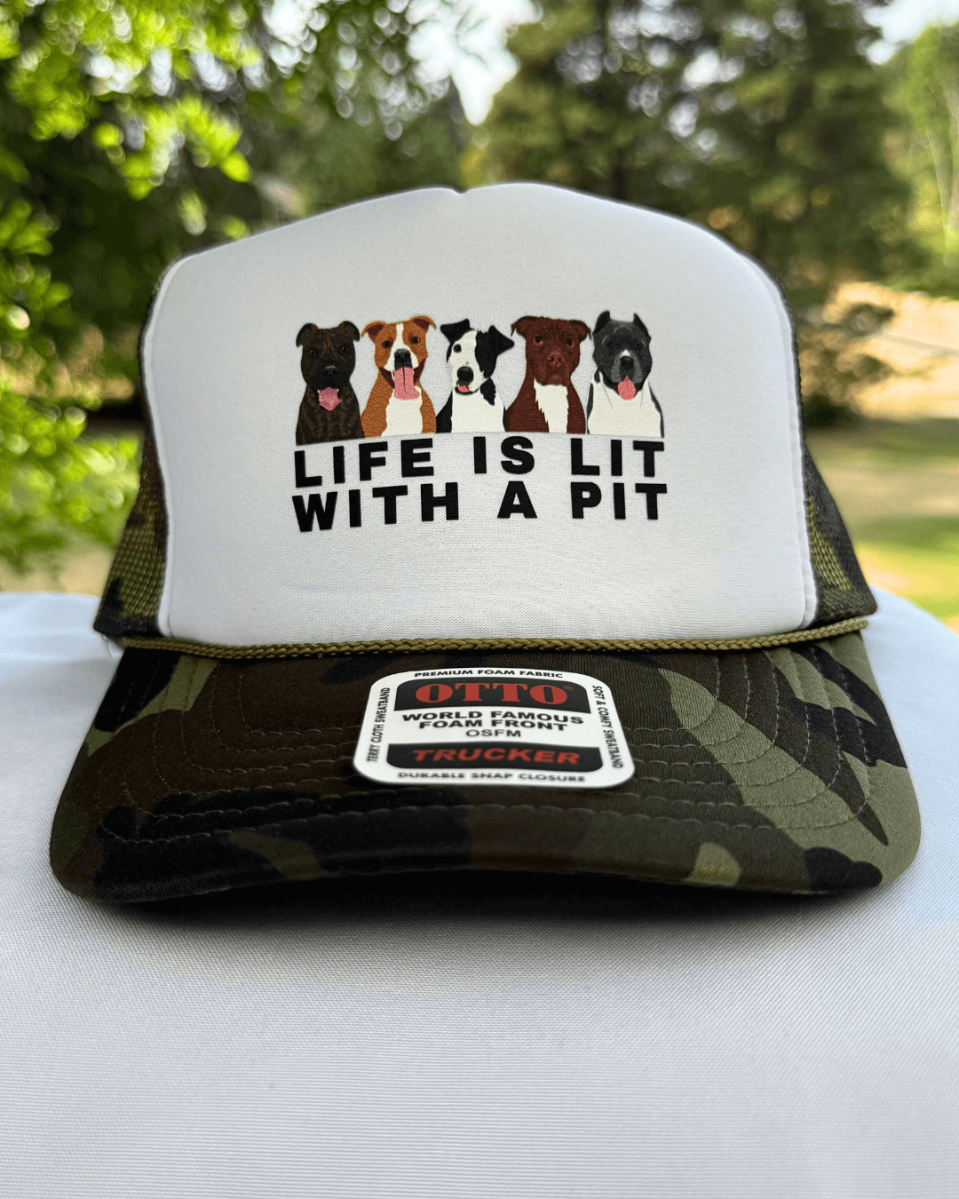 Life Is Lit with a Pit Foam Dog Trucker Hat for Humans