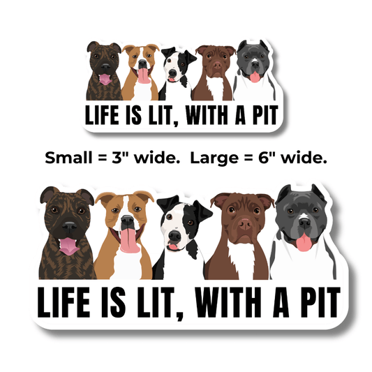 Two stickers with illustrations of pit bulls and text 'Life is lit, with a pit' on a white background.