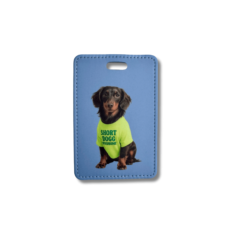 Black and tan dachshund luggage tag with doxie in “Short Dogg Syndrome” shirt.