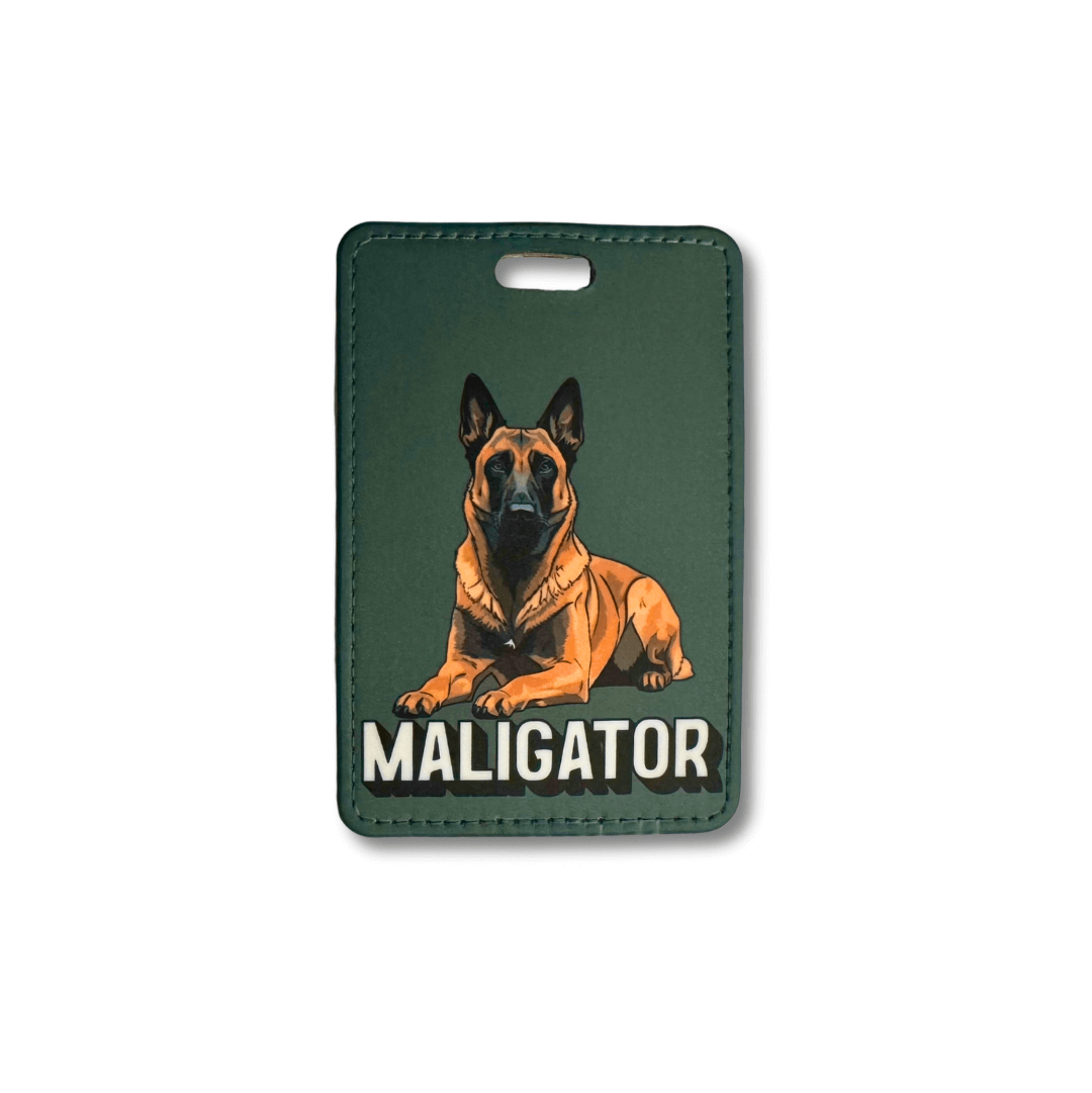 Dark gray luggage tag with a Belgian Malinois dog illustration and 'MALIGATOR' text on a whtie background