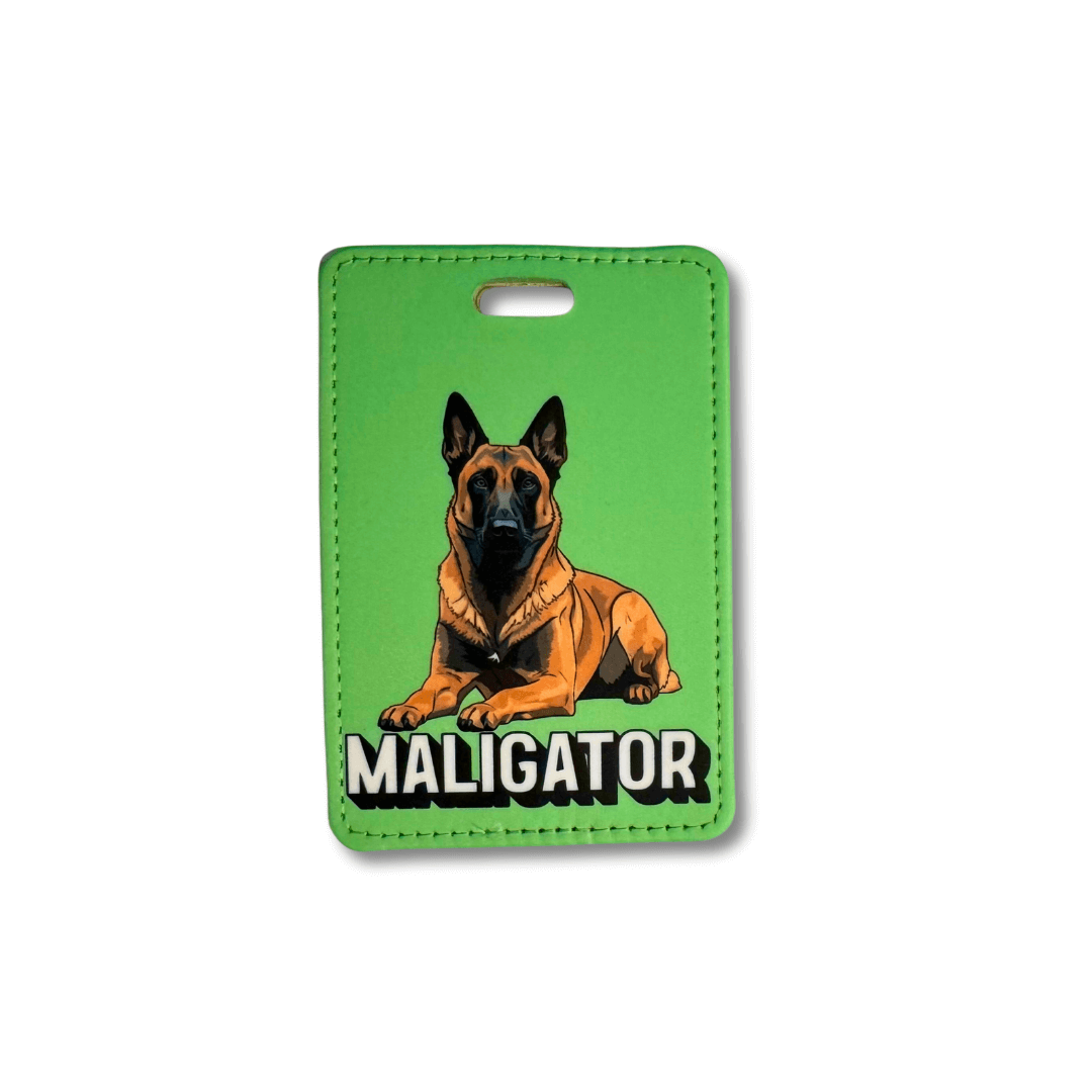 Belgian Malinois luggage tag with a green background and dog illustration and 'MALIGATOR' text on a white background