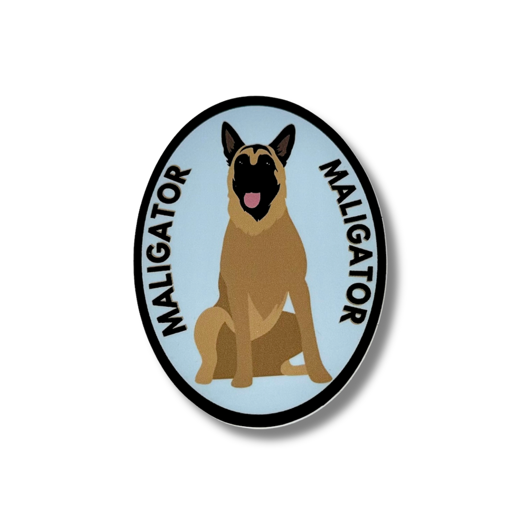 oval light blue sticker with cartoon Belgian Malinois "Maligator" sticker