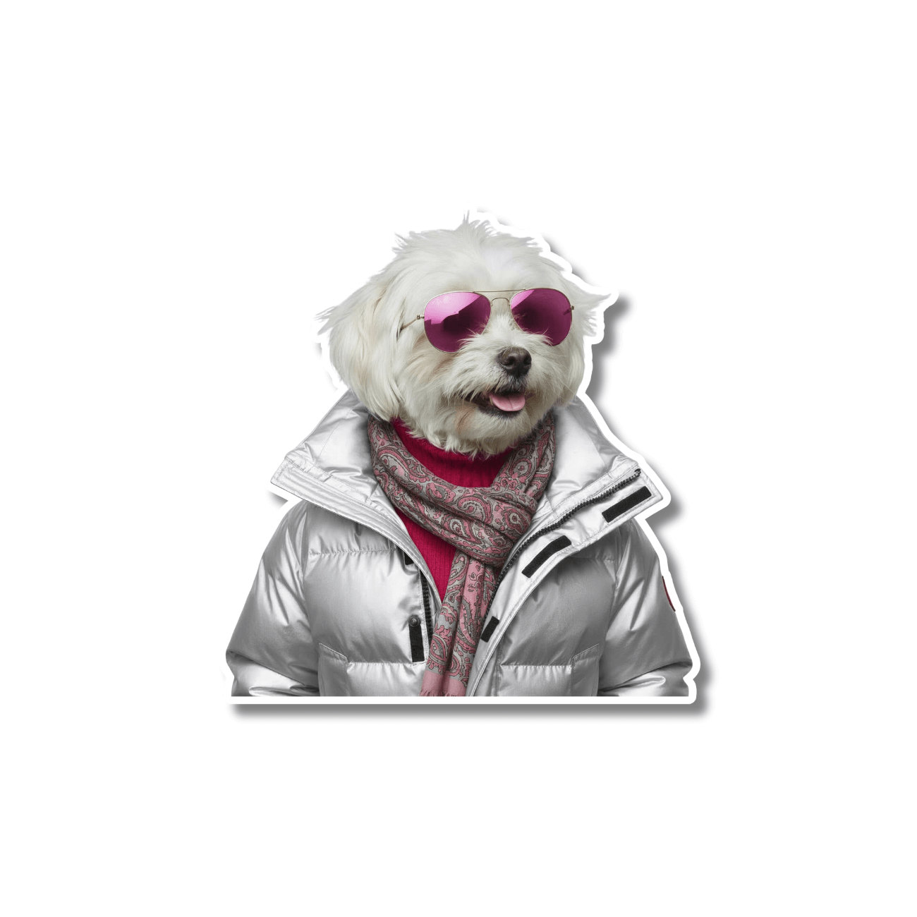 Maltese winter sticker; maltese dog in silver puffer jacket, scarf, and pink sunglasses on white background, easy peel kiss-cut vinyl.