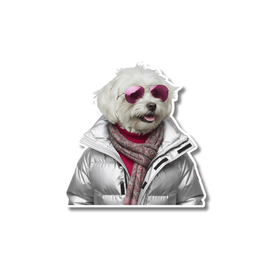 Maltese winter sticker; maltese dog in silver puffer jacket, scarf, and pink sunglasses on white background, easy peel kiss-cut vinyl.
