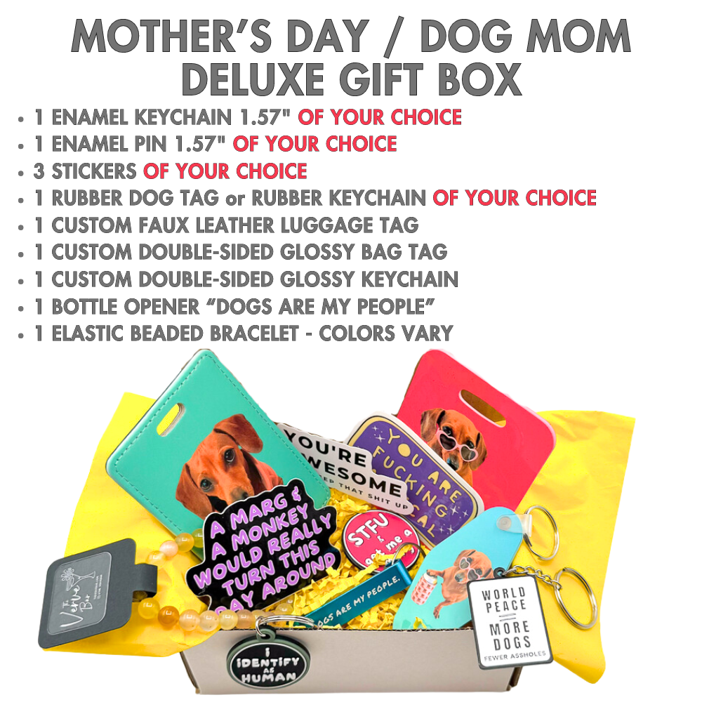 Whether shopping for dog mother's day or human mother's day, this gift box will be a hit! Custom photo products for the hard to shop for mom include luggage tag, glossy photo bag tag, and cute double-sided photo keychain. Other gifts in box include stickers of your chice, funny dog tag of your choice, enamel pin of your choice, "dogs are my people" blue bottle opener, and sassy enamel keychain.