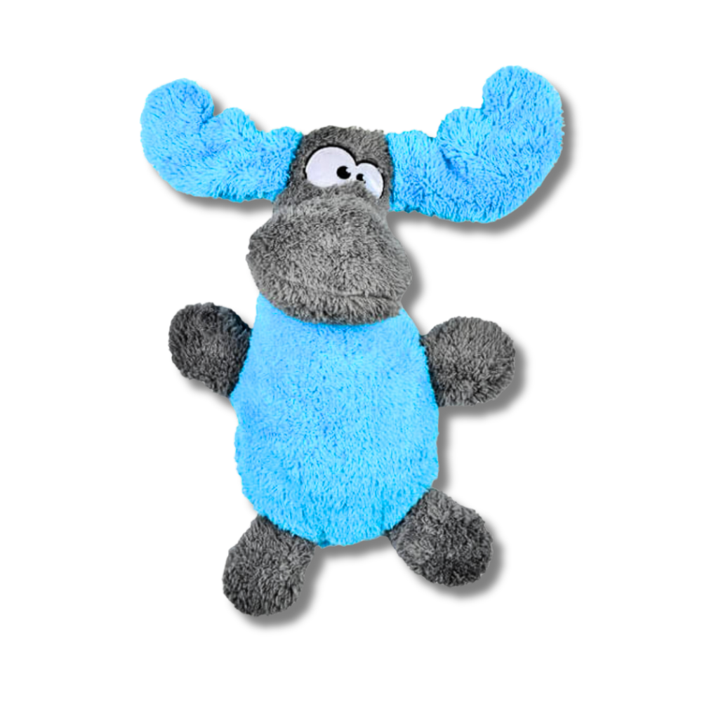 Large Cycle dog moose toy - blue plush moose with gray face, arms and legs.