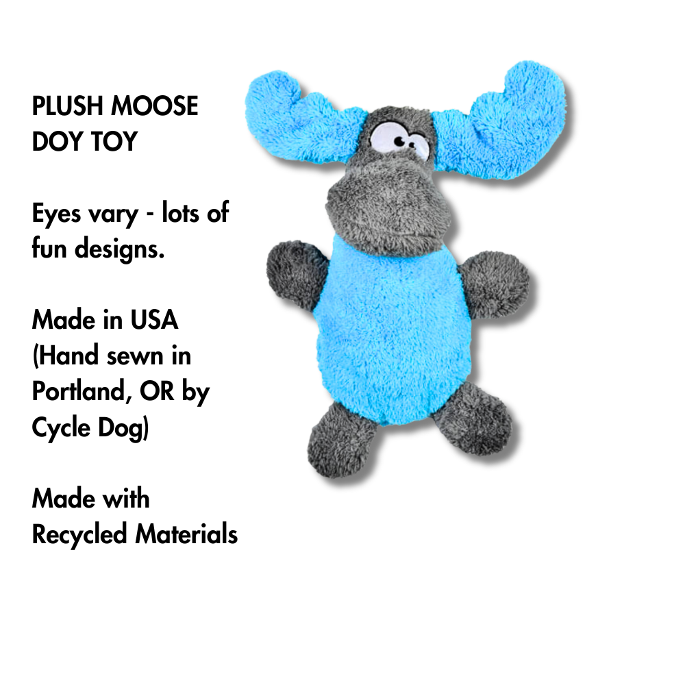 Cycle dog toy - blue plush moose with gray face, arms and legs.