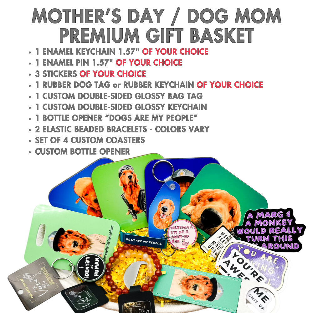 Dog mom gift SOLVED with this incredible gift basket stuffed full of custom photo gifts inluding keychains, drink coasters, bag tag, luggage tag, bottle opener, and unique dog tags, funny stickers, and hysterical keychains/pins. Beaded bracelets also in this gift basket for mom!