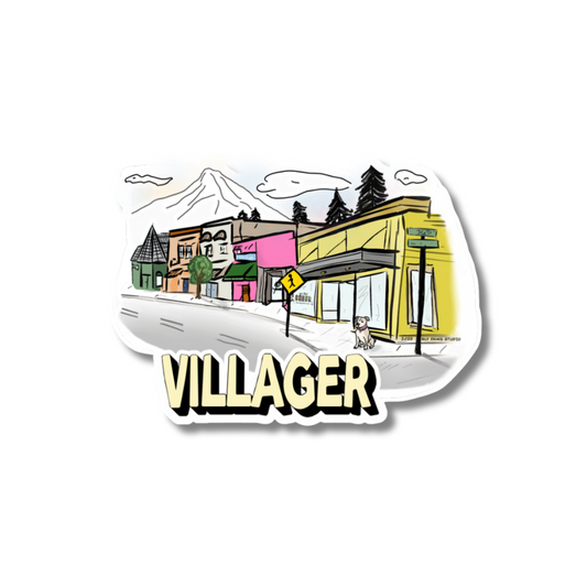 Illustration of a Multnomah Village, Portland, with colorful buildings and 'Villager' text on a white background