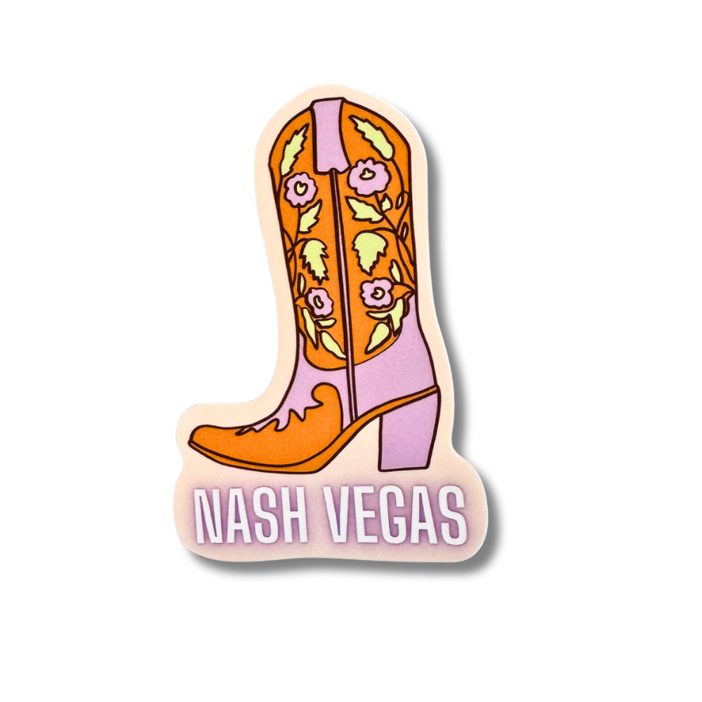 vinyl sticker: Cartoon pink and orange floral cowgirl boot art with title, NASH VEGAS