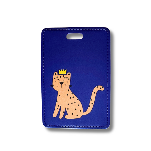 Bengal cat luggage tag with purple background. Cat is wearing a yellow crown.