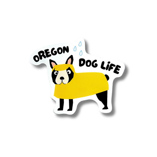 Boston Terrier Sticker: dog wearing a yellow rain jacket "Oregon Dog Life" 