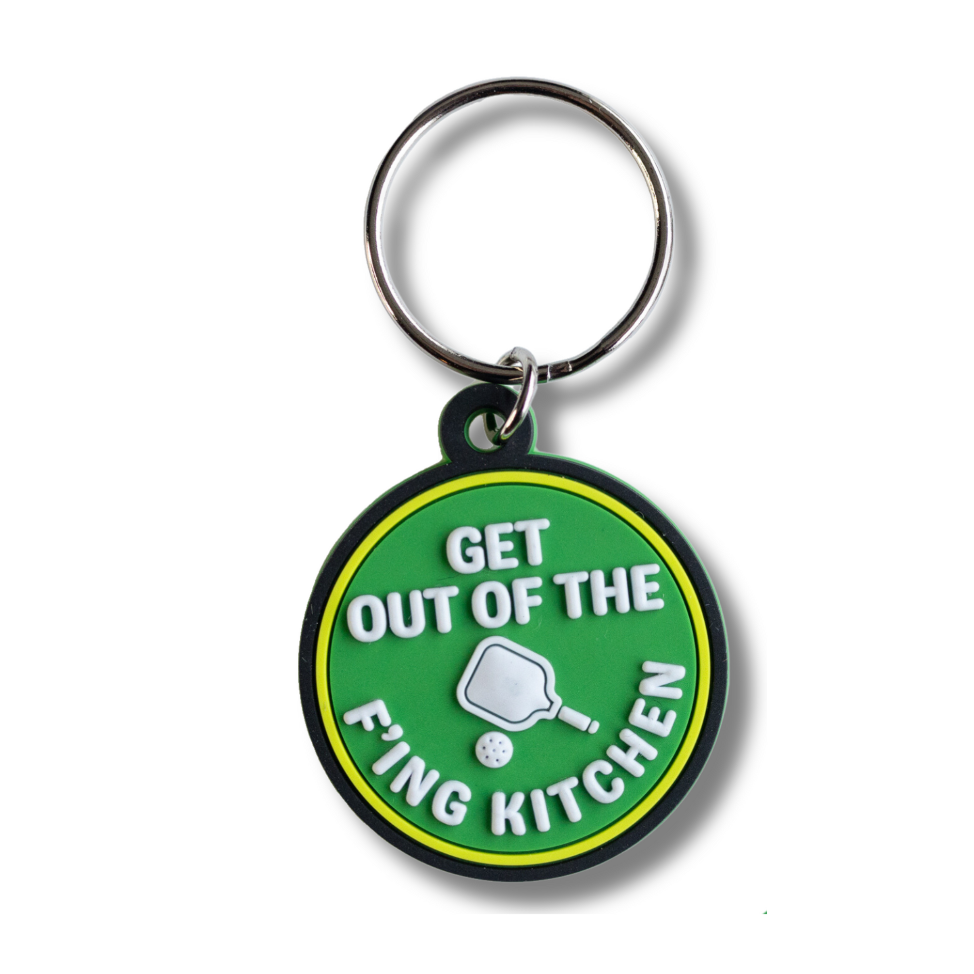 Round green and yellow dog collar charm or backpack charm for Pickleball lovers who have dogs "Get out of the F'ing kitchen" with a paddle and ball in the middle