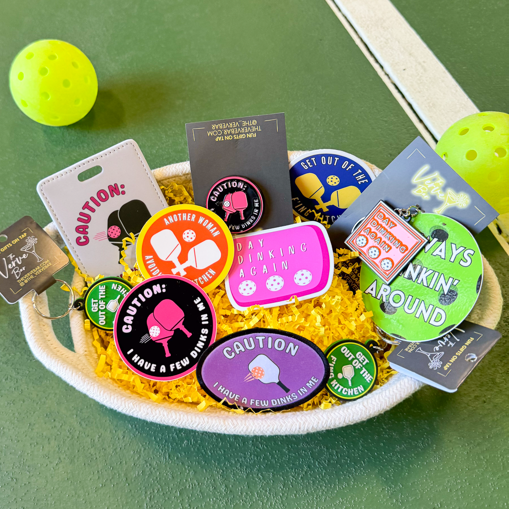 The ultimate Pickleball lover gift! Mother's Day gift basket for Pickleball player. Pickleball pin, funny pickleball keychain, Pickleball bag charm, Pickleball luggage tag and more!