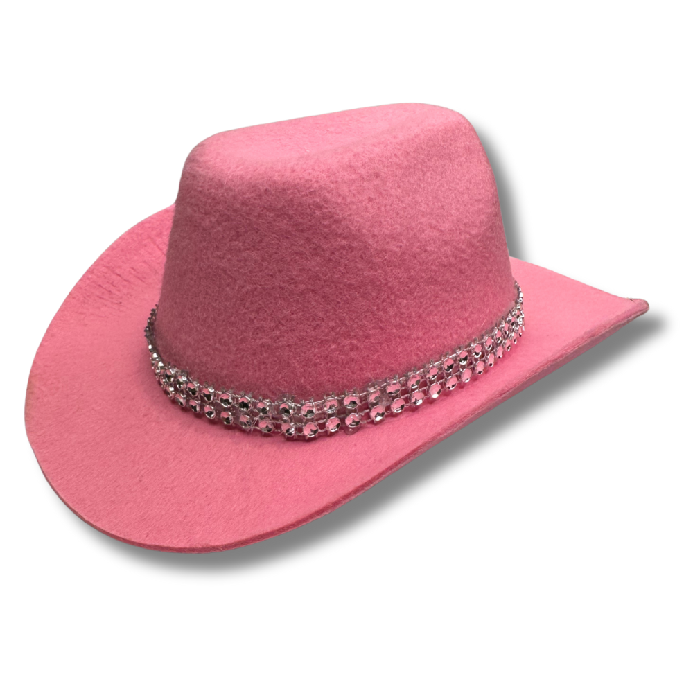 pink cowboy hat for dogs that is trimmed with rhinestone ribbon