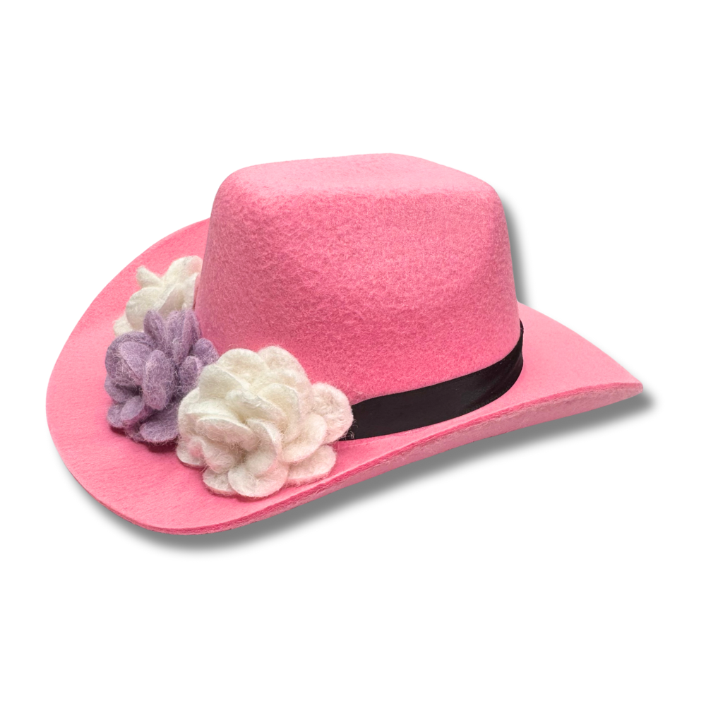 medium pink dog cowboy hat for Valentine's Day. Hat has 3 felt flowers in the front.