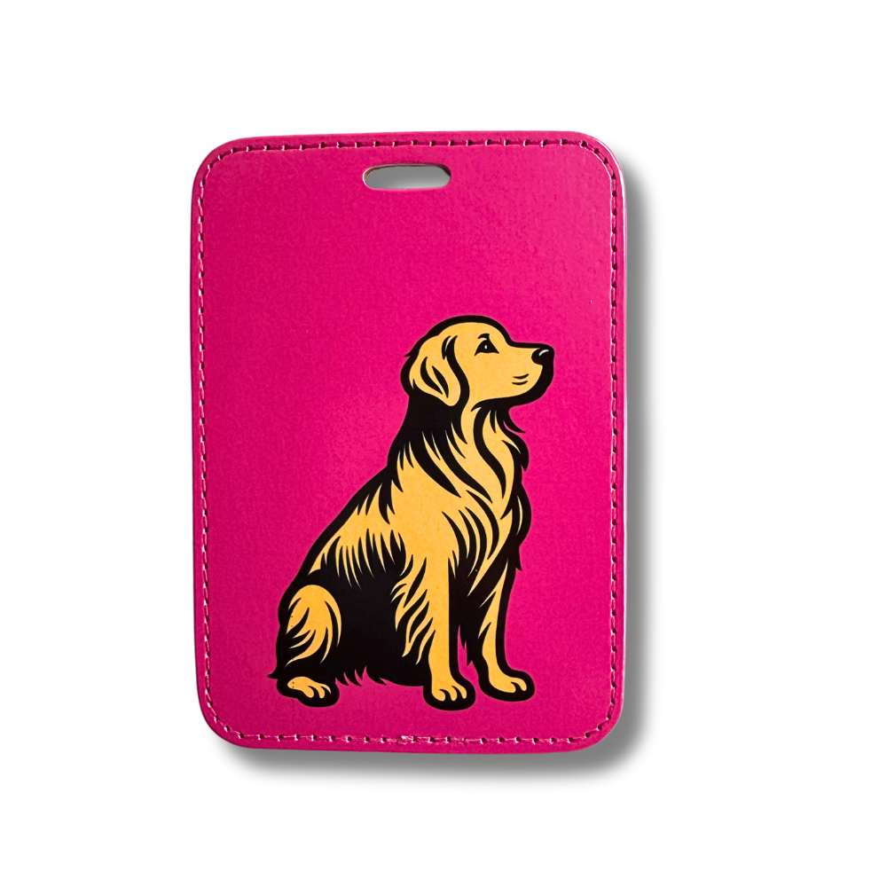 golden retriever luggage tag with hot pink background