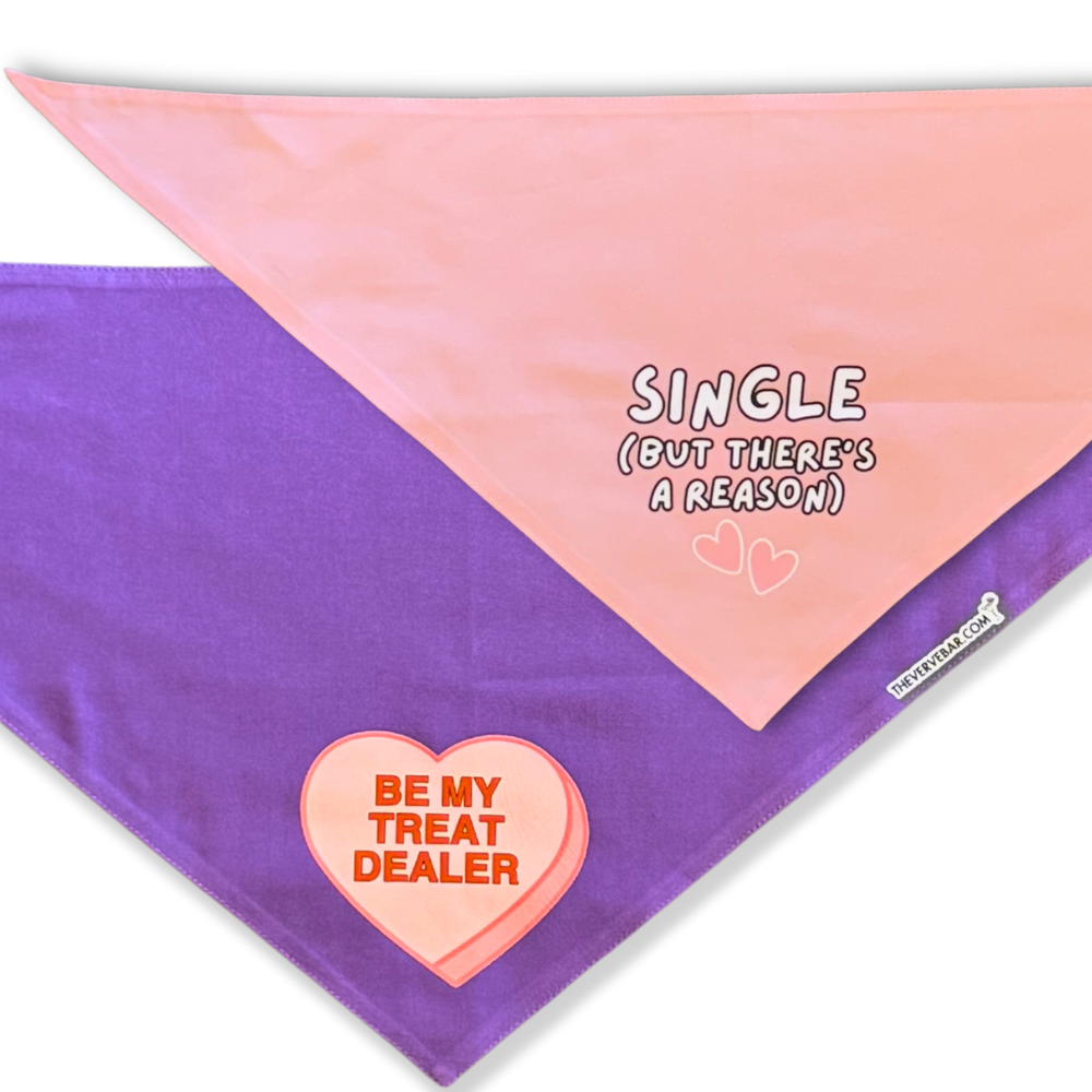 Pink and purple valentine dog bandanas layered on top of each other. Purple bandana has a pink heart "Be my treat dealer" and pink bandana has word "Single but there's a reason"