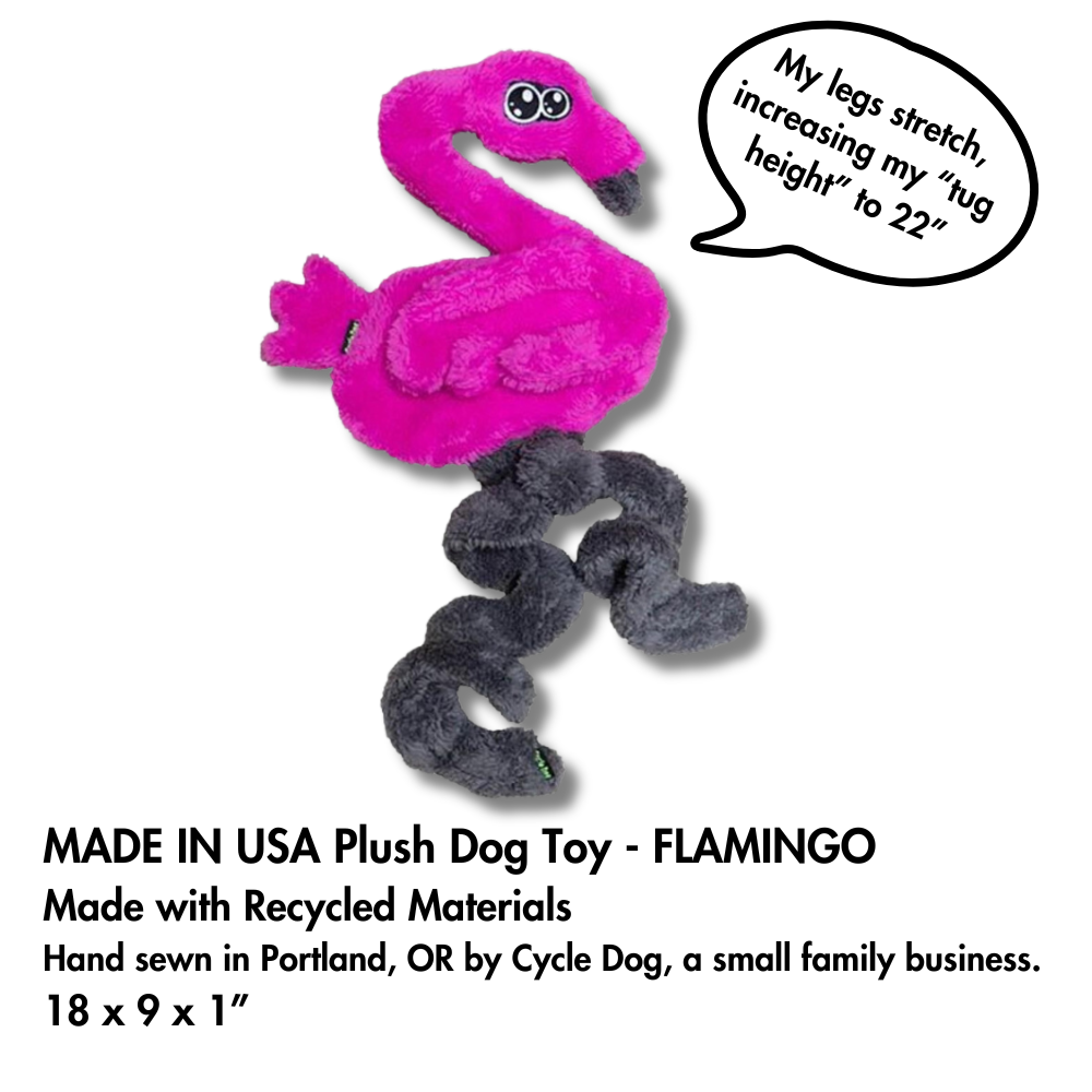 Cycle Dog toy pink flamingo with gray legs. A springy and stretchy toy that expands during game of tug.