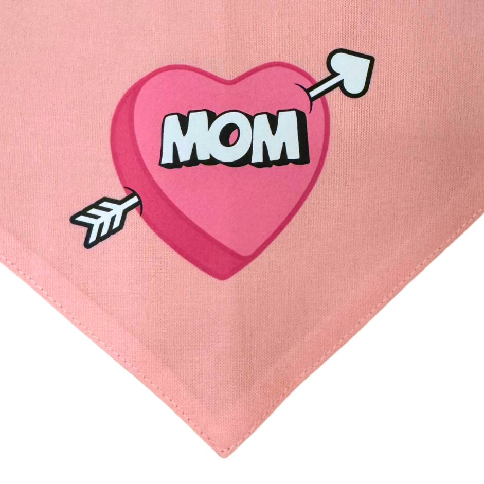 close up of heart: pink valentine dog bandana with a dark pink heart with arrow that says MOM