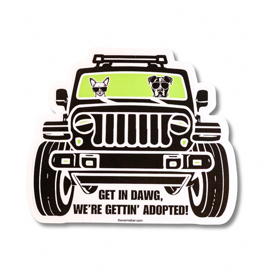 Pit mix and chihuahua in black Jeep with green windshield. 5" waterproof vinyl rescue dog sticker for cars, laptops, or dog lovers who adopt, not shop.