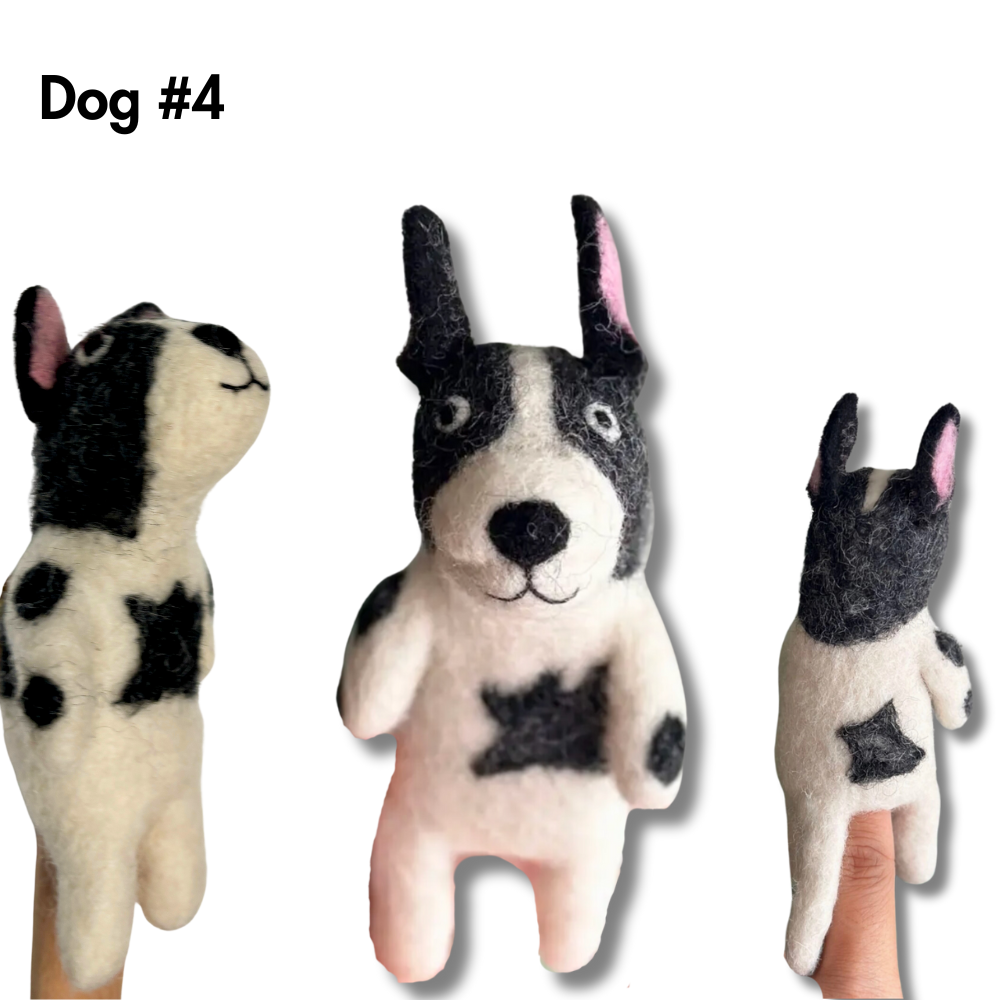 Black and white dog that looks like pit bull or french bull dog finger puppet. Shown in side, front and back views.