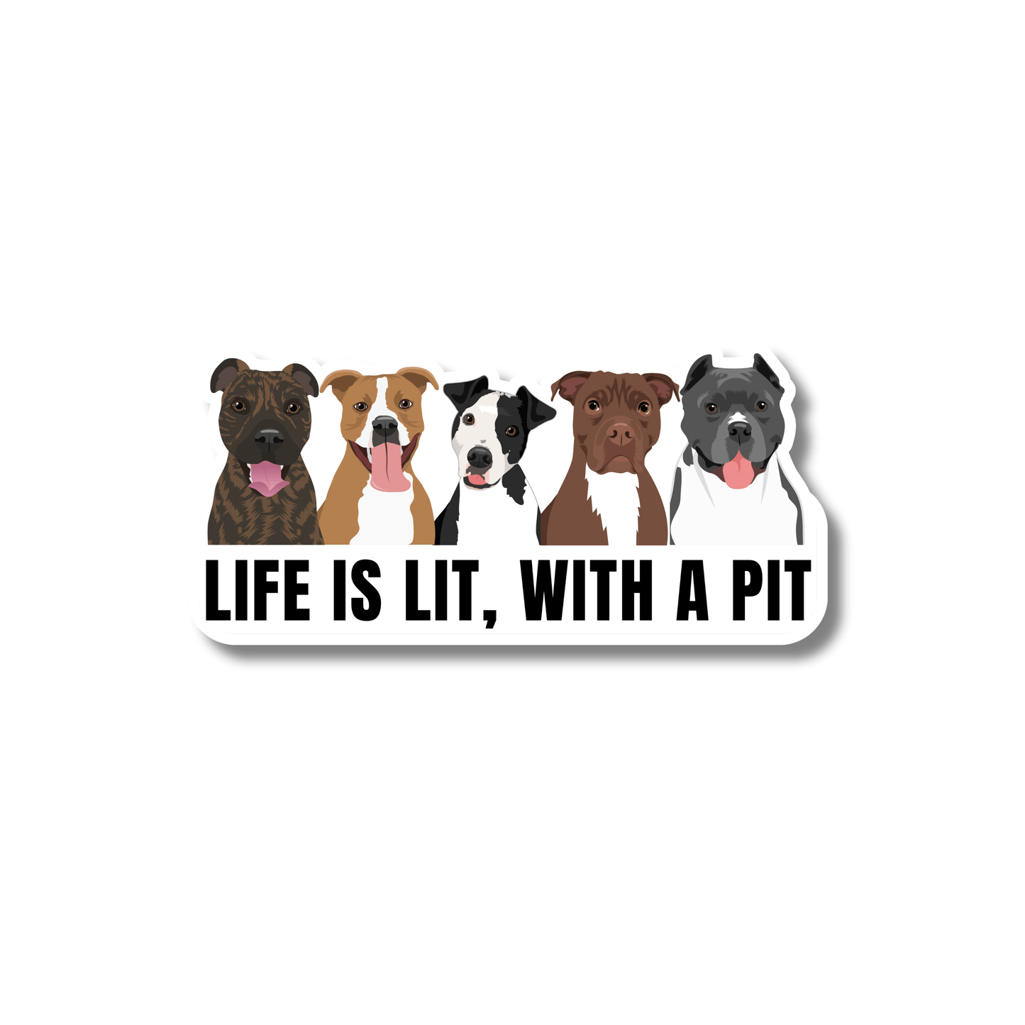 Sticker with five illustrated pit bulls above bold black text that reads: “Life is lit, with a pit.”