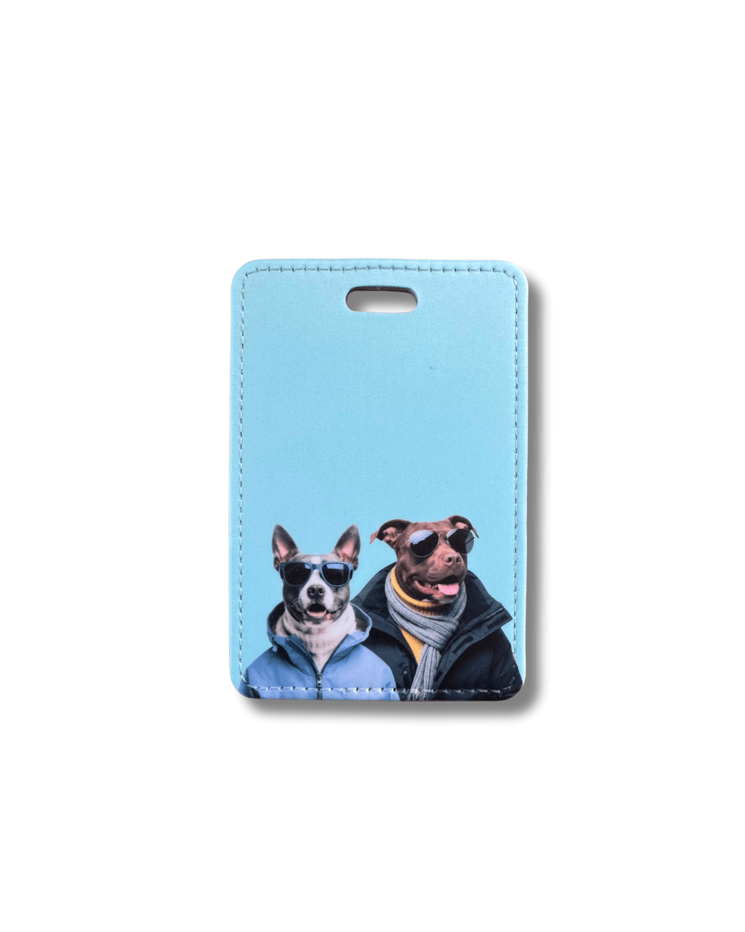 pit bull mountain dog luggage tag; two winter-clothed dogs in sunglasses printed on blue faux leather tag