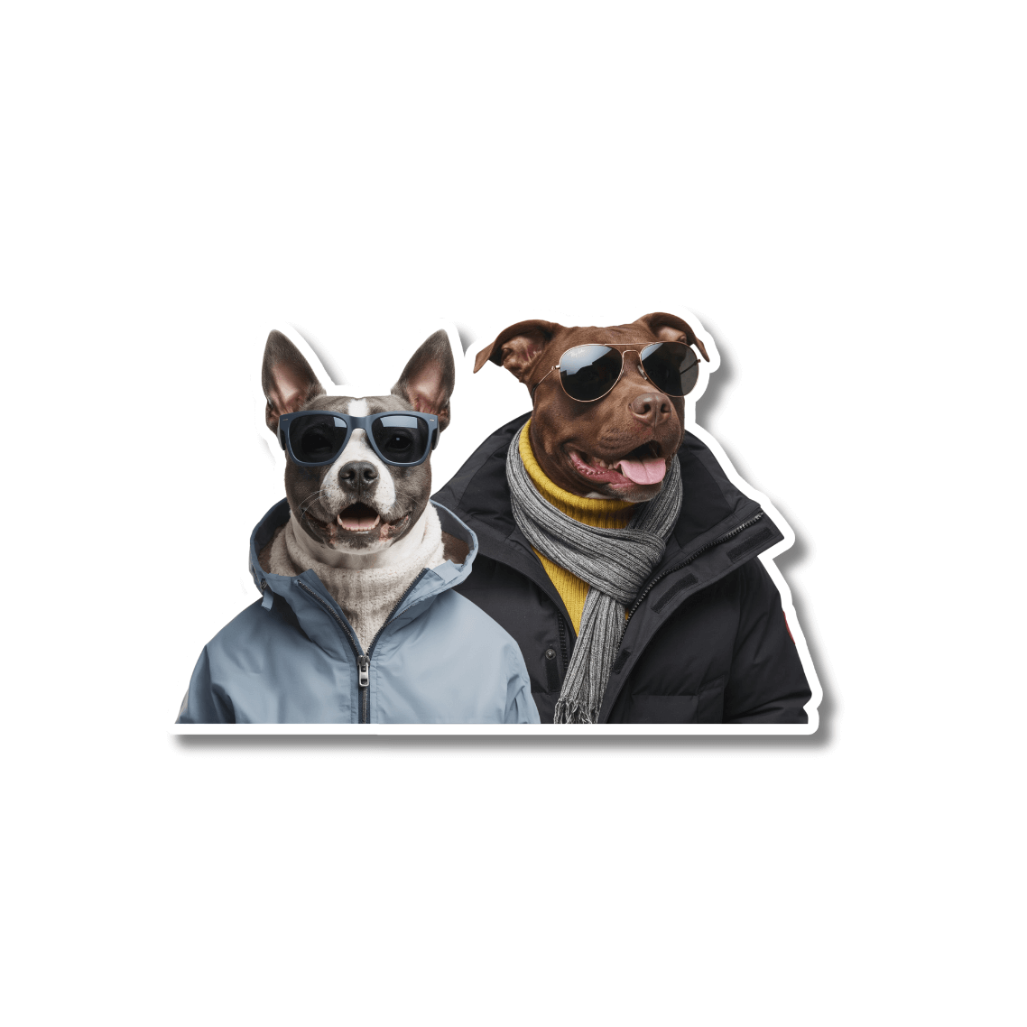 german shorthaired pointer sunglasses sticker; GSP wearing aviator sunglasses, white winter jacket, yellow sweater, and gray scarf on white background