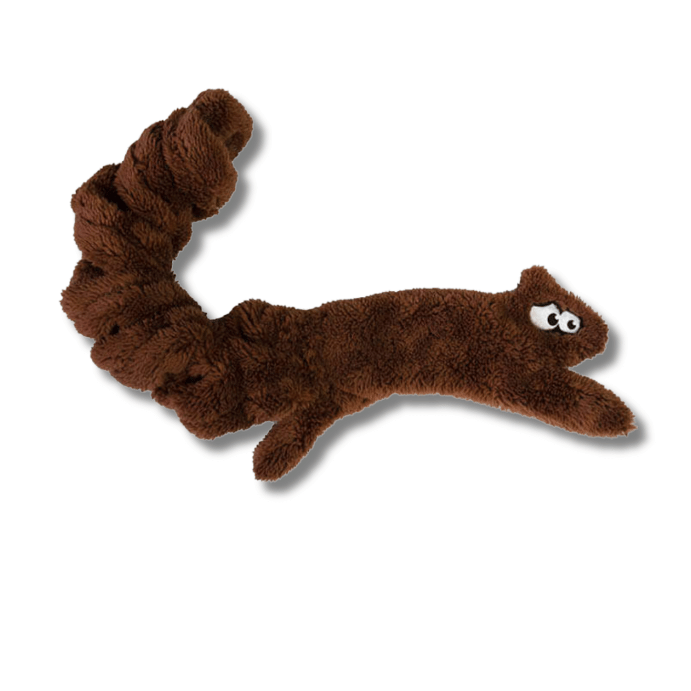 super springy & stretchy squirrel dog toy, this close us shows how soft the plush is. No stuffing.