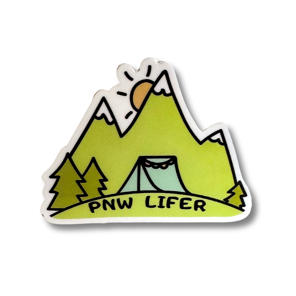 Cute sticker of cartoon mountain and tent: PNW Lifer