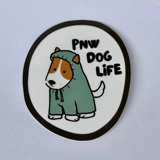 cute beagle in a raincoat "PNW dog life" vinyl sticker