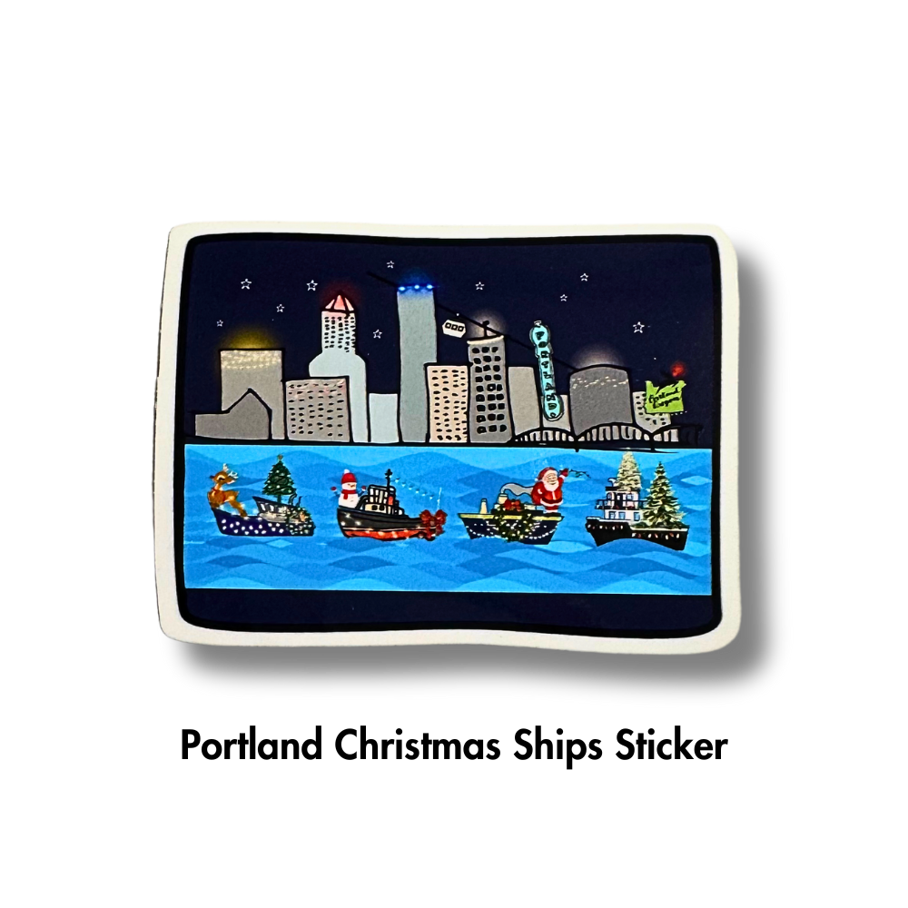 Portland Christmas ship sticker. Cartoon of downtown Portland Oregon,including tram, Portland sign, and Hawthorne bridge with Christmas boat parade floating by.