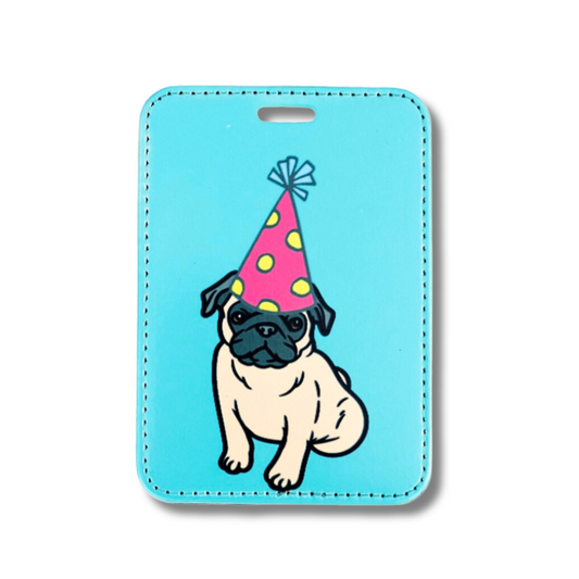 pug dog in pink party hat against sky blue background - luggage tag