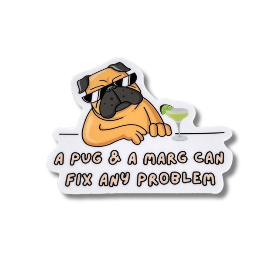 FUNNY VINYL STICKER: CARTOON ART OF A PUG WITH GLASSES IN FRONT OF A MARGARITA: "A PUG AND A MARG CAN FIX ANY PROBLEM"