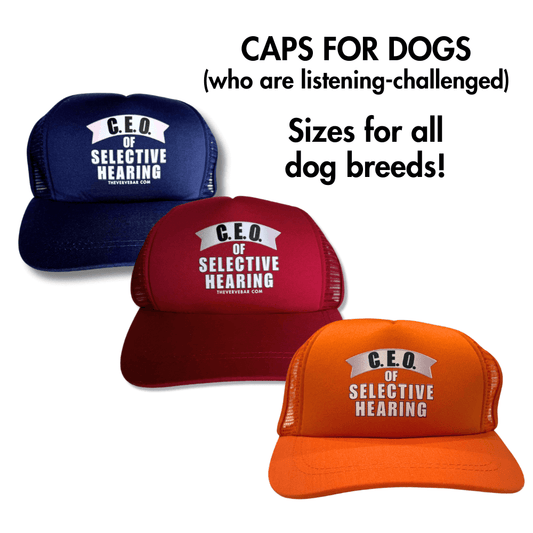 Three dog hats in blue, red, and orange with 'C.E.O. of Selective Hearing' text on a light gray background.