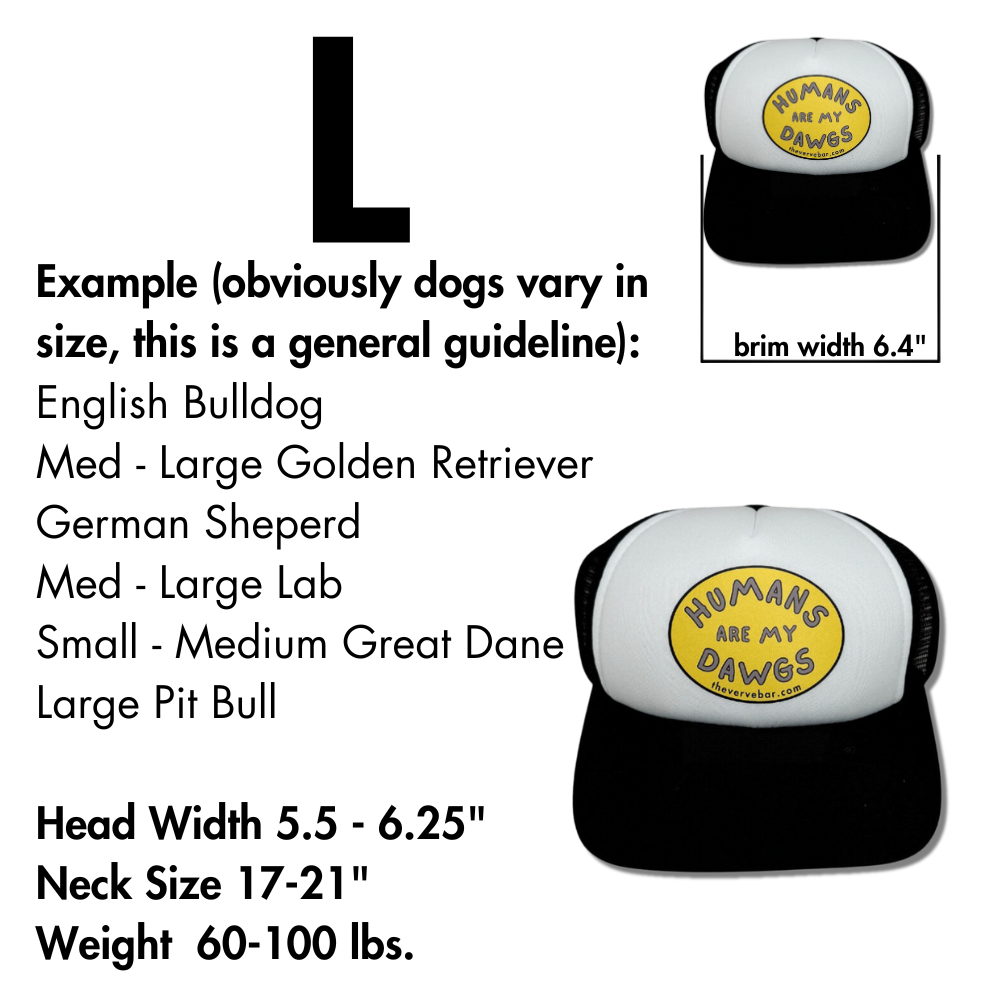 SIZE GUIDE FOR LARGE DOG HAT. TRUCKER STYLE BLACK WITH YELLOW LOGO.