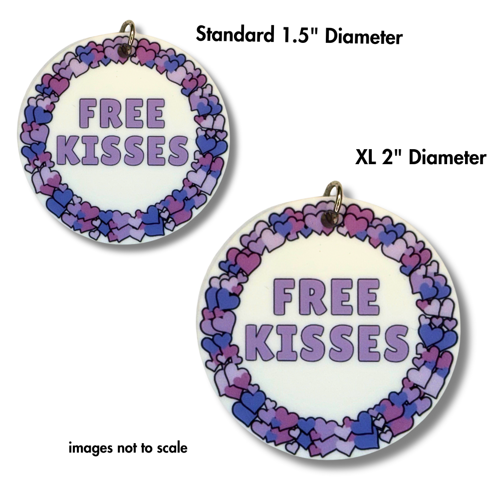 Size dimensions explained for Valentine dog collar charms - white acrylic with various shades of purple hearts around the border. Text: FREE KISSES