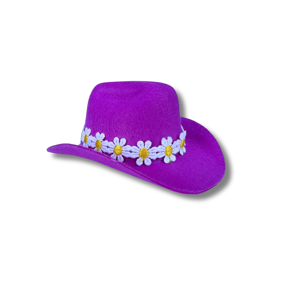 tiny purple dog cowboy hat with white and yellow daisy trim