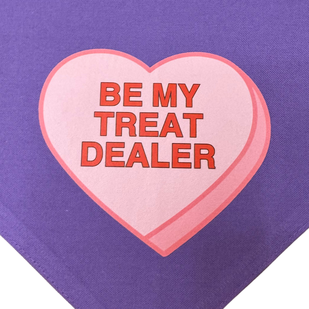 Purple valentine's day dog bandana. Large pink heart that says "Be my treat dealer"