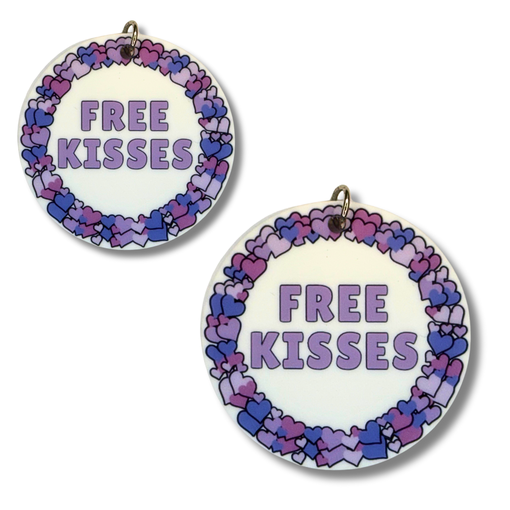 Valentine dog collar charms - white acrylic with various shades of purple hearts around the border. Text: FREE KISSES