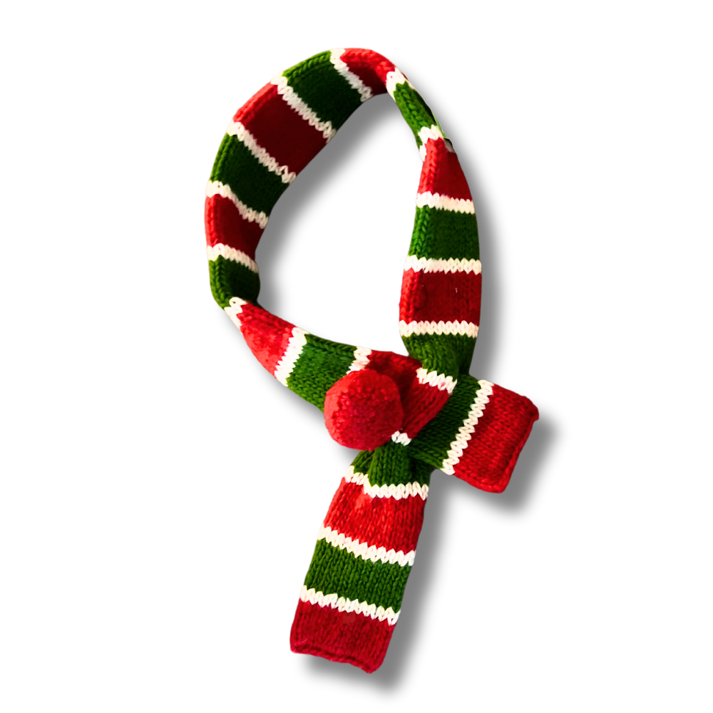 red, green, and white premium scarf for dog. Christmas themed with pom. Wool scarf